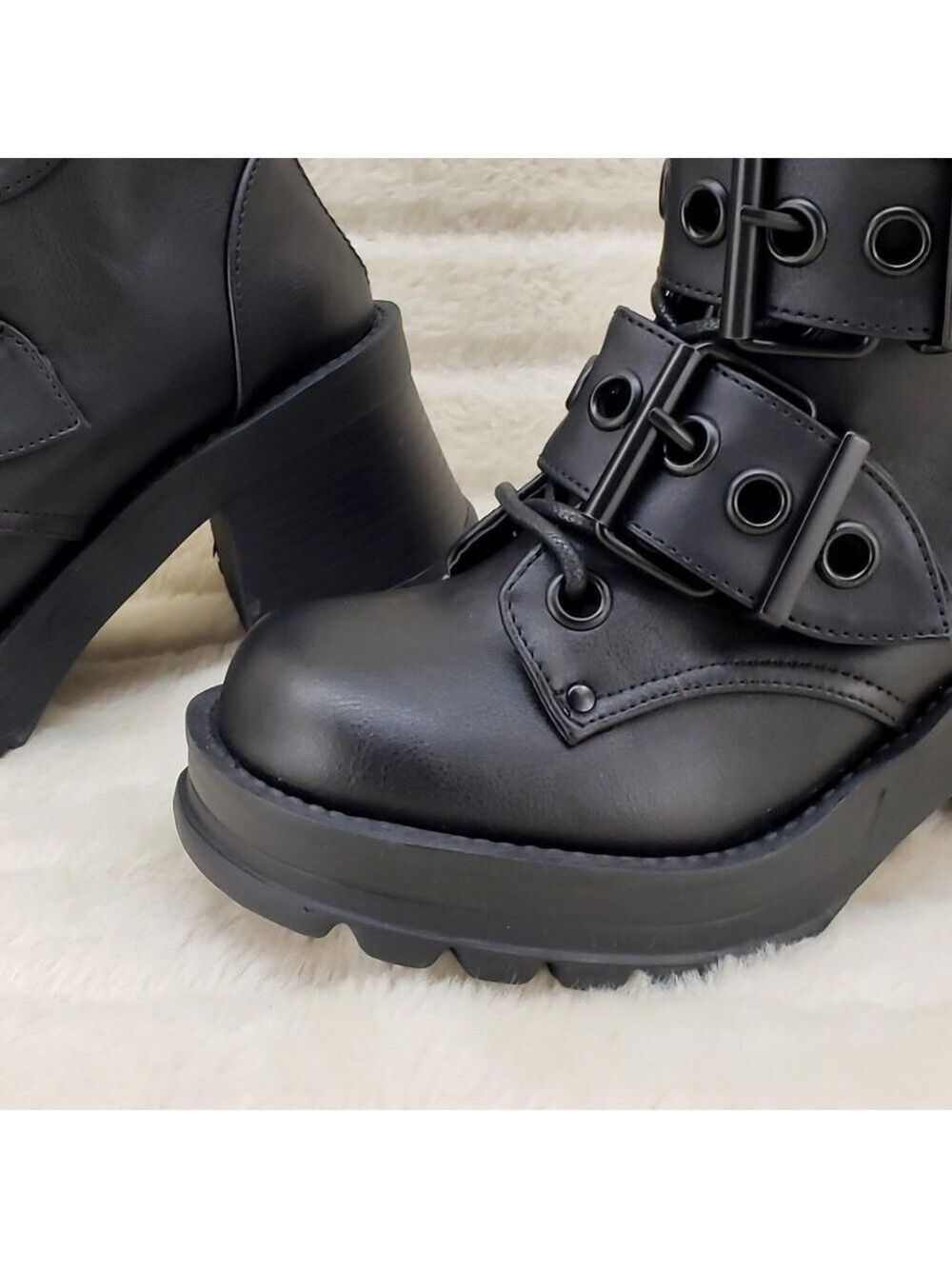 Bratty Goth 3 Big Buckle Strap Block Heel Combat Ankle Boots Punk Rock - Picture 8 of 15